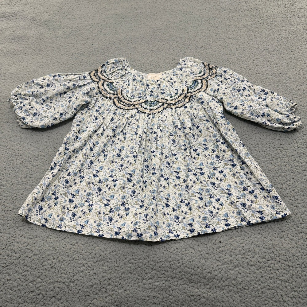 Johnny Was Jade Blouse Womens XS Blue Floral Embroidered Scalloped Yoke